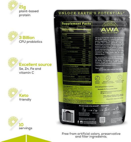 Proteína en polvo andina premium a base de plantas de AWA Nutrition | Batido Selva: Plátano + Naranjilla | Sin gluten, soja y lácteos | KETO y vegano | Probióticos y vitaminas | Elaborado con superalimentos ancestrales