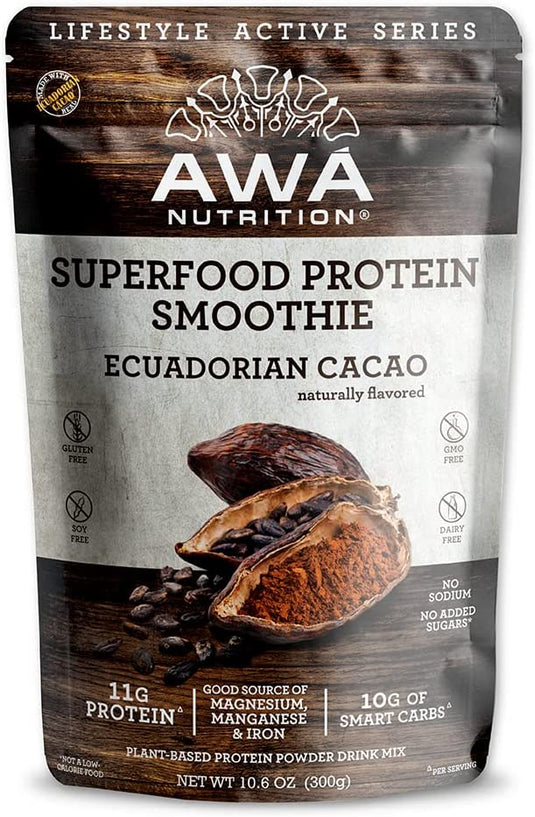Mezcla en polvo para batidos de proteínas superalimentos de AWA Nutrition | Sabor Natural Cacao Ecuatoriano | Sin gluten, soja y lácteos | Vegano | Fuente de minerales y carbohidratos inteligentes | Elaborado con superalimentos ancestrales