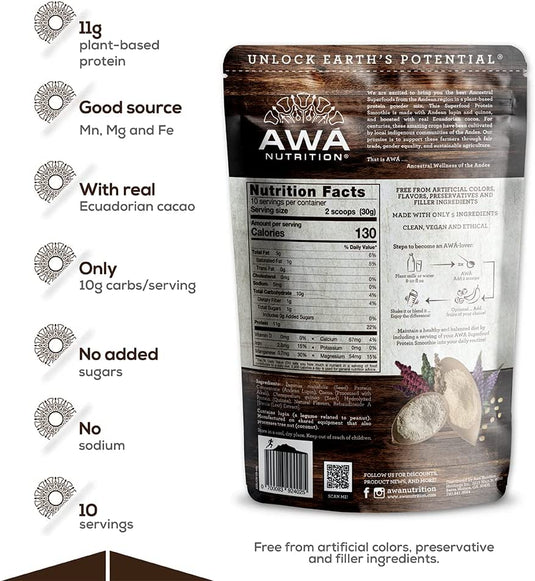 Mezcla en polvo para batidos de proteínas superalimentos de AWA Nutrition | Sabor Natural Cacao Ecuatoriano | Sin gluten, soja y lácteos | Vegano | Fuente de minerales y carbohidratos inteligentes | Elaborado con superalimentos ancestrales