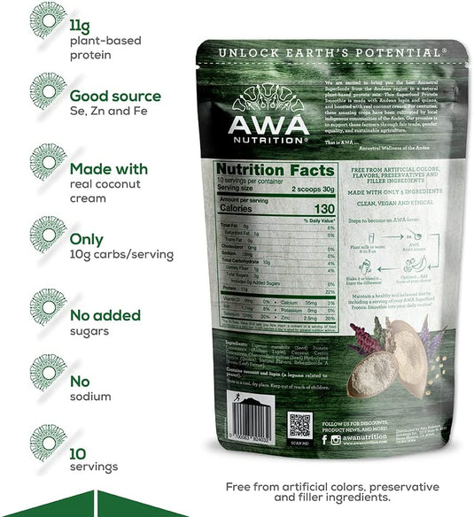 Mezcla en polvo para batidos de proteínas superalimentos de AWA Nutrition | Crema de Coco Sabor Natural | Sin gluten, soja y lácteos | Vegano | Fuente de minerales y carbohidratos inteligentes | Elaborado con superalimentos ancestrales