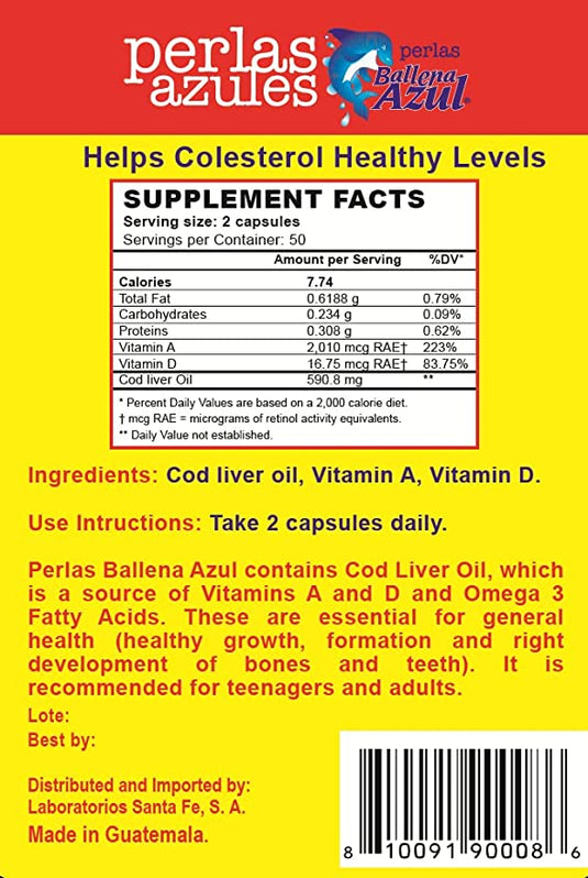 Ballena Azul Aceite de Hígado de Bacalao para Adultos y Niños, Aceite de hígado de bacalao para adultos y niños, buena fuente de vitaminas A,D,E, B1, suplemento dietético, Omega 3, refuerzo del sistema inmunológico, (cápsulas)