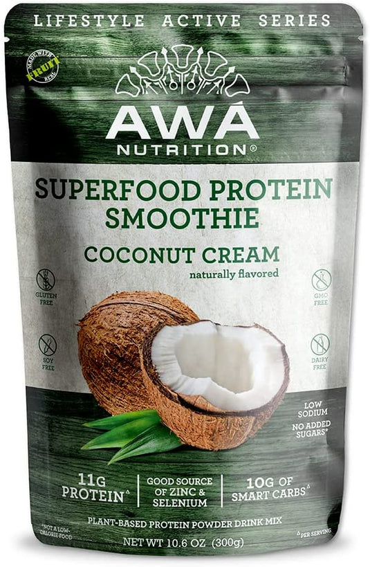 Mezcla en polvo para batidos de proteínas superalimentos de AWA Nutrition | Crema de Coco Sabor Natural | Sin gluten, soja y lácteos | Vegano | Fuente de minerales y carbohidratos inteligentes | Elaborado con superalimentos ancestrales