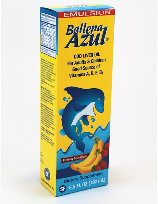 Ballena Azul Aceite de Hígado de Bacalao para Adultos y Niños, Aceite de hígado de bacalao para adultos y niños, buena fuente de vitaminas A,D,E, B1, suplemento dietético, Omega 3, refuerzo del sistema inmunológico (PLÁTANO DE FRESA)