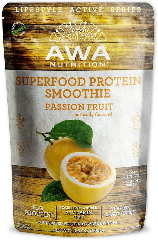 Mezcla en polvo para batidos de proteínas superalimentos de AWA Nutrition | Sabor Natural de Maracuyá | Sin gluten, soja y lácteos | Vegano | Fuente de vitaminas y carbohidratos inteligentes | Elaborado con superalimentos ancestrales