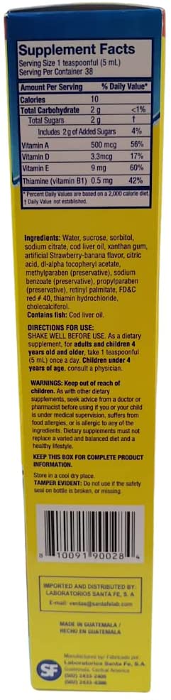 Ballena Azul Aceite de Hígado de Bacalao para Adultos y Niños, Aceite de hígado de bacalao para adultos y niños, buena fuente de vitaminas A,D,E, B1, suplemento dietético, Omega 3, refuerzo del sistema inmunológico (PLÁTANO DE FRESA)