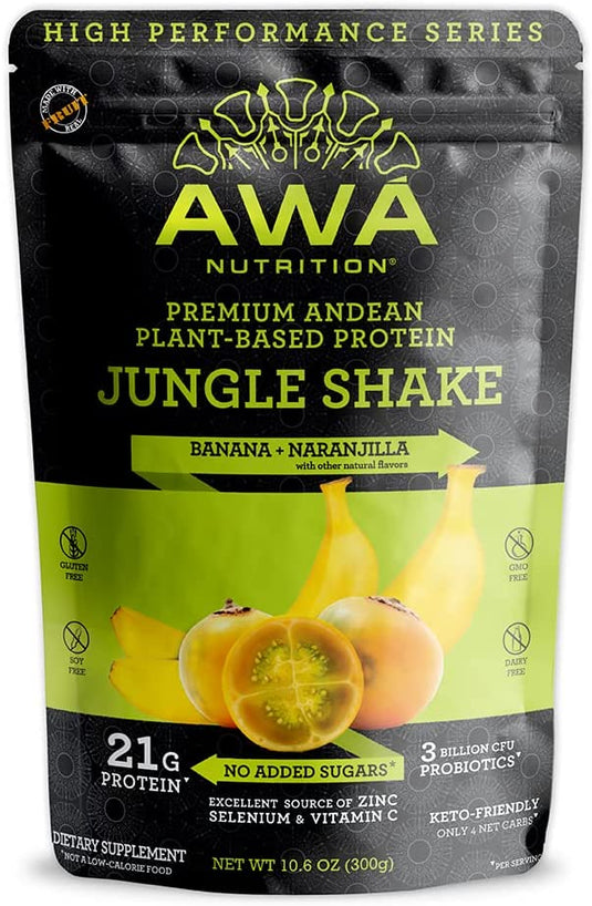 Proteína en polvo andina premium a base de plantas de AWA Nutrition | Batido Selva: Plátano + Naranjilla | Sin gluten, soja y lácteos | KETO y vegano | Probióticos y vitaminas | Elaborado con superalimentos ancestrales