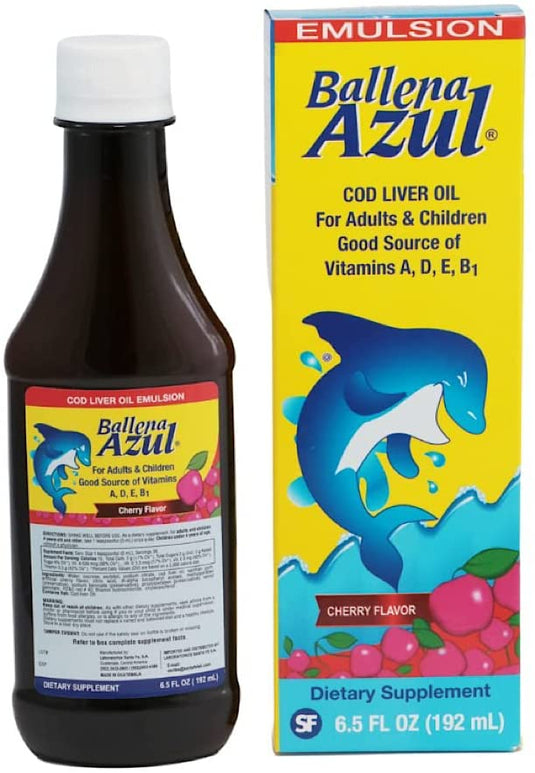 Ballena Azul Aceite de Hígado de Bacalao para Adultos y Niños, Aceite de hígado de bacalao para adultos y niños, buena fuente de vitaminas A,D,E, B1, suplemento dietético, Omega 3, refuerzo del sistema inmunológico, (cereza)