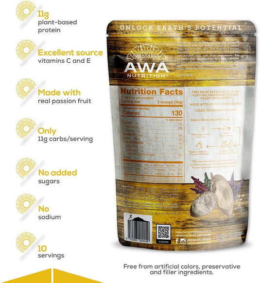 Mezcla en polvo para batidos de proteínas superalimentos de AWA Nutrition | Sabor Natural de Maracuyá | Sin gluten, soja y lácteos | Vegano | Fuente de vitaminas y carbohidratos inteligentes | Elaborado con superalimentos ancestrales