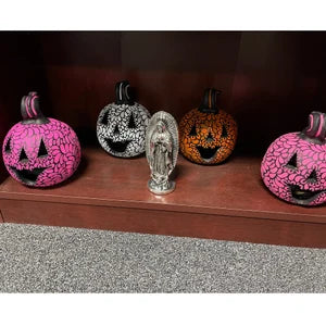 Load image into Gallery viewer, Hand painted Halloween Pumpkin made of clay pink, orange and white colors
