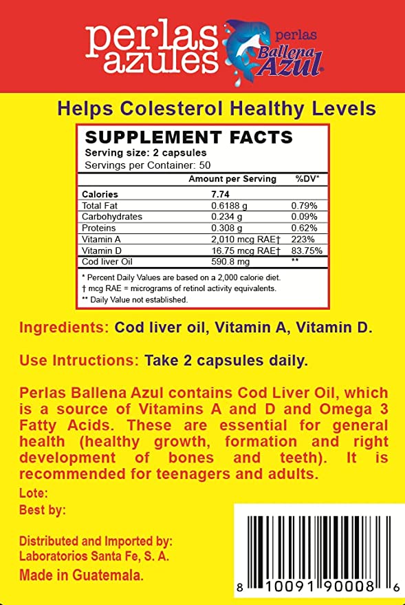 Cargue la imagen en el visor de la galería, Ballena Azul Aceite de Hígado de Bacalao para Adultos y Niños, Aceite de hígado de bacalao para adultos y niños, buena fuente de vitaminas A,D,E, B1, suplemento dietético, Omega 3, refuerzo del sistema inmunológico, (cápsulas) 
