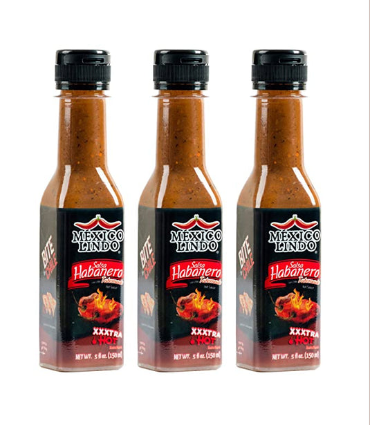 México Lindo Habanero Salsa Picante Xxxtra Hot | 83.200 Nivel Scoville | Mezcla de Habanero, Tatemados y Especias | Perfecto para quesadillas, sopas y nachos | Botellas de 5 onzas líquidas 