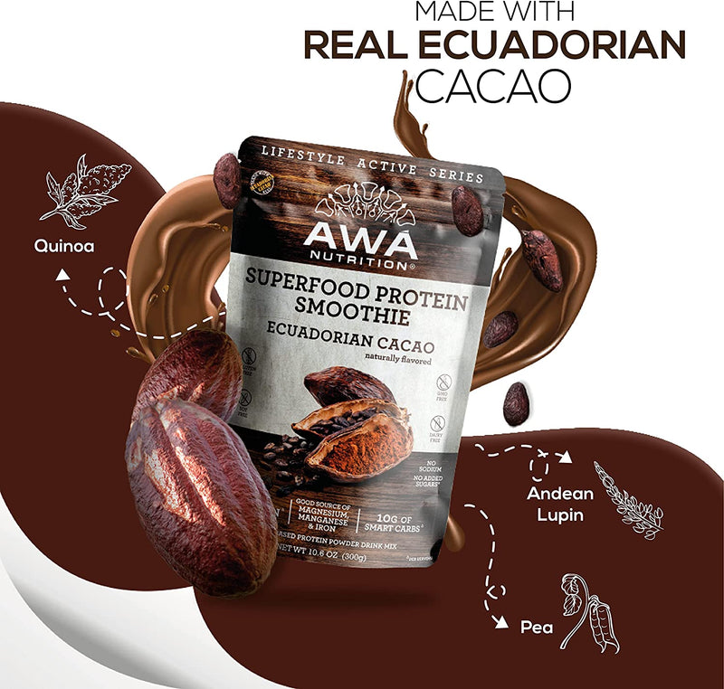 Cargue la imagen en el visor de la galería, Mezcla en polvo para batidos de proteínas superalimentos de AWA Nutrition | Sabor Natural Cacao Ecuatoriano | Sin gluten, soja y lácteos | Vegano | Fuente de minerales y carbohidratos inteligentes | Elaborado con superalimentos ancestrales 
