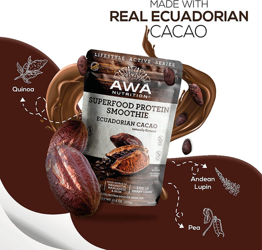 Mezcla en polvo para batidos de proteínas superalimentos de AWA Nutrition | Sabor Natural Cacao Ecuatoriano | Sin gluten, soja y lácteos | Vegano | Fuente de minerales y carbohidratos inteligentes | Elaborado con superalimentos ancestrales 