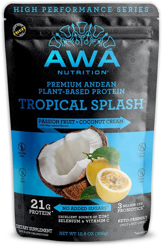 Proteína en polvo andina premium a base de plantas de AWA Nutrition | Ceto y vegano | Fuente de minerales y carbohidratos inteligentes | Elaborado con Superalimentos Ancestrales (Tropical Splash: Maracuyá + Crema de Coco, 300 Gramos) 