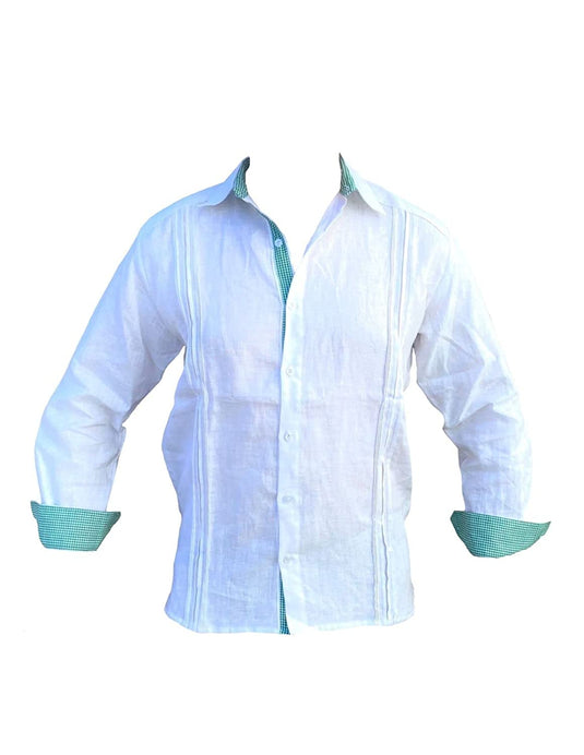 Guayabera Hombre Manga Larga 100% Lino, Guayabera Blanca con Finos Detalles Azul Cielo y Verde