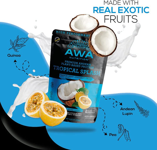 Proteína en polvo andina premium a base de plantas de AWA Nutrition | Ceto y vegano | Fuente de minerales y carbohidratos inteligentes | Elaborado con Superalimentos Ancestrales (Tropical Splash: Maracuyá + Crema de Coco, 300 Gramos) 