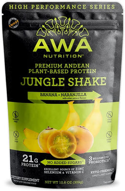 Proteína en polvo andina premium a base de plantas de AWA Nutrition | Batido Selva: Plátano + Naranjilla | Sin gluten, soja y lácteos | KETO y vegano | Probióticos y vitaminas | Elaborado con superalimentos ancestrales 