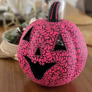 Load image into Gallery viewer, Hand painted Halloween Pumpkin made of clay pink, orange and white colors
