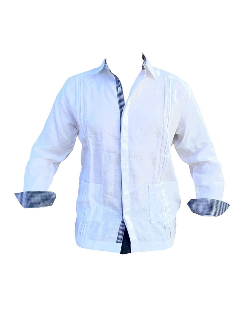 Cargue la imagen en el visor de la galería, Guayabera Hombre Manga Larga 100% Lino, Guayabera Blanca con Finos Detalles Azul Cielo y Verde
