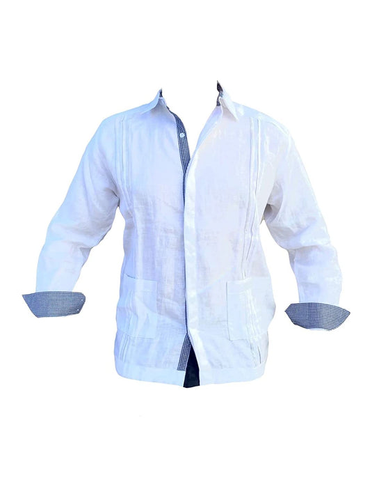 Guayabera Hombre Manga Larga 100% Lino, Guayabera Blanca con Finos Detalles Azul Cielo y Verde