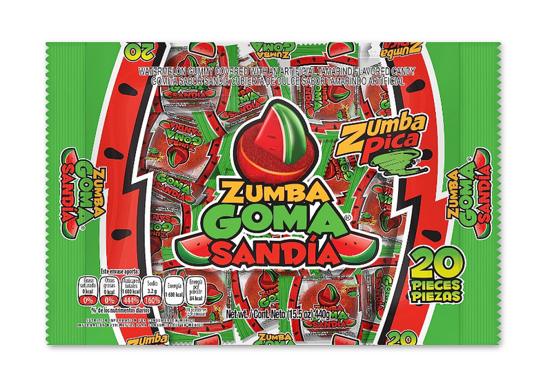 Cargue la imagen en el visor de la galería, Gomita Zumbapica Zumba Goma Sandia Cubierta con Caramelo de Tamarindo (Bolsa de 20 unidades).
